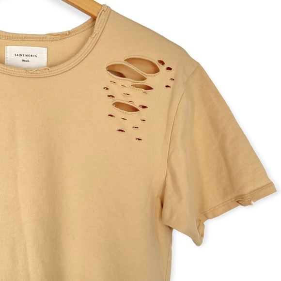 Saint Morta | Men's Small | Destroyed Longline Rounded Hem T-Shirt in Sandstone - Picture 2 of 6